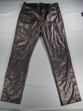 Zara Basic Women Black Faux Leather Pants Size 31 Snap-Button Ankle Closure
